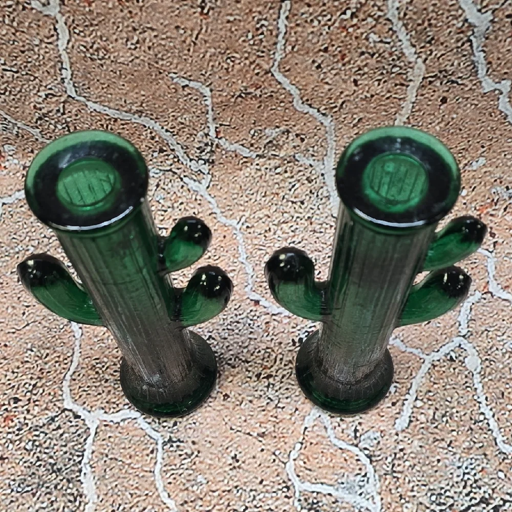 Pier 1 Green Cactus Glass Candle Holders, Set Of 2
